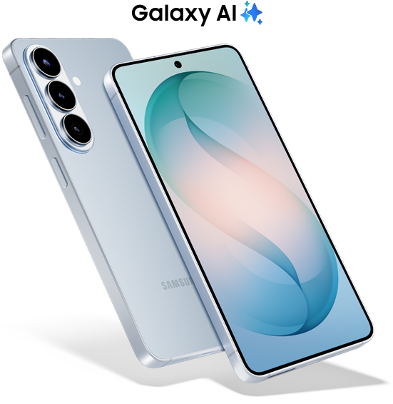 Two Sky Blue Samsung Galaxy smartphones, one showing the front and one showing the back with three cameras