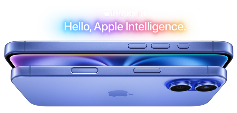 Apple iPhone 16 in Ultramarine.  Graphic says Hello, Apple Intelligence.