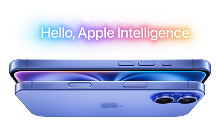 Apple iPhone 16 in Ultramarine.  Graphic says Hello, Apple Intelligence.